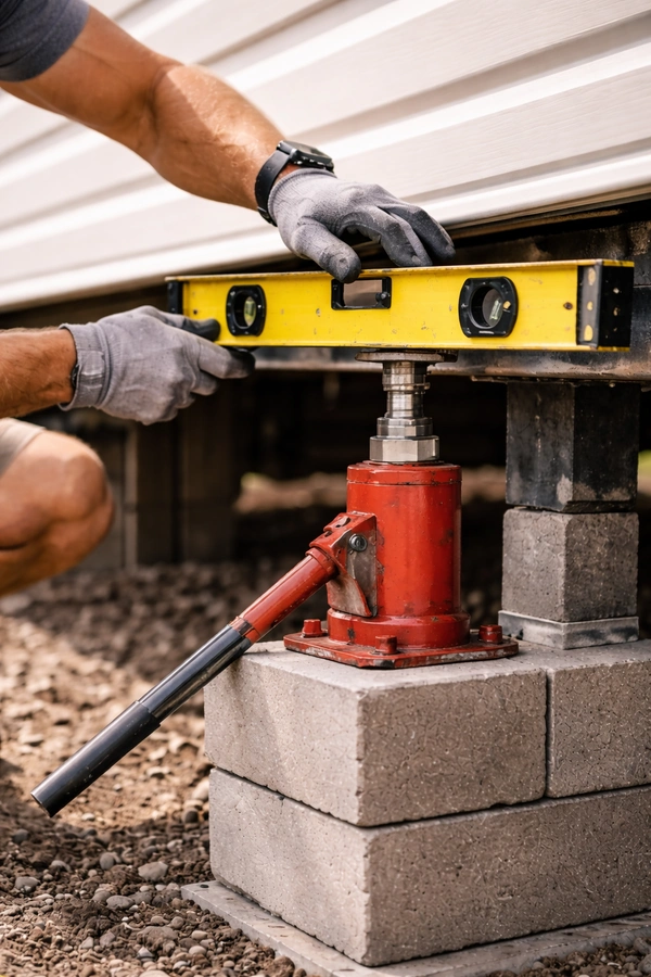 Man leveling a mobile home